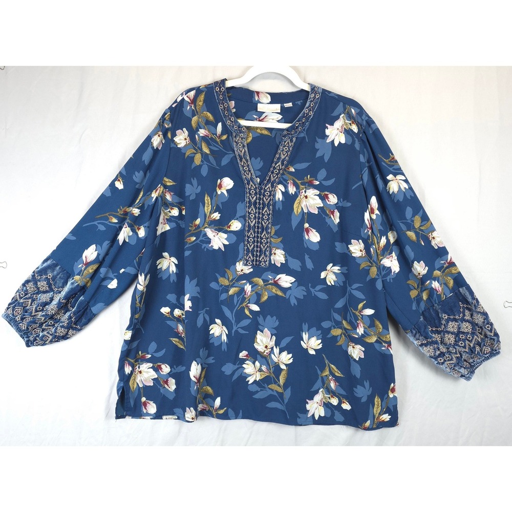 Kim Gravel Belle Women 2X Blue Floral Boho Blouse Velvet Burnout Trim V Neck